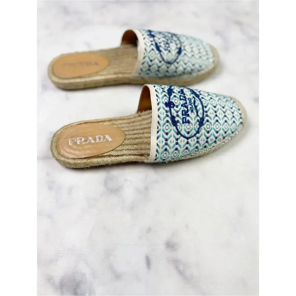PRADA Nastro Embroidered Logo Jacquard Canvas Espadrille Mules Slip-On Sz 39 / 9